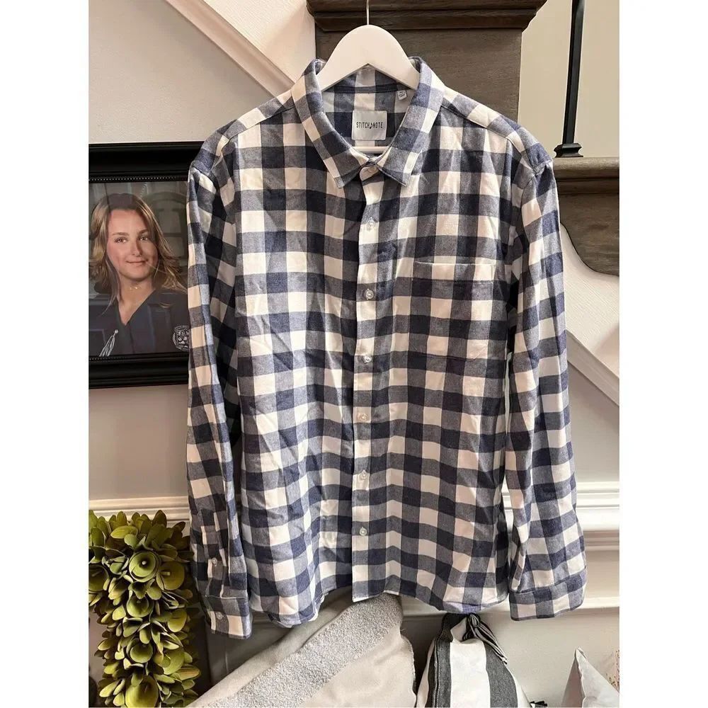 Stitch Note Blue & White Buffalo Check Plaid Flannel Button Down Shirt sz XL EUC